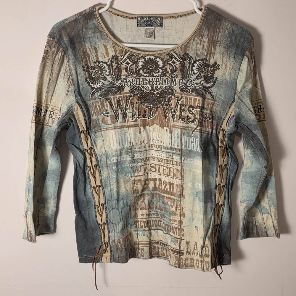 Vanilla Sugar Y2K Western Graphic Top Lace Up Sides Rhinestone Wild West Medium